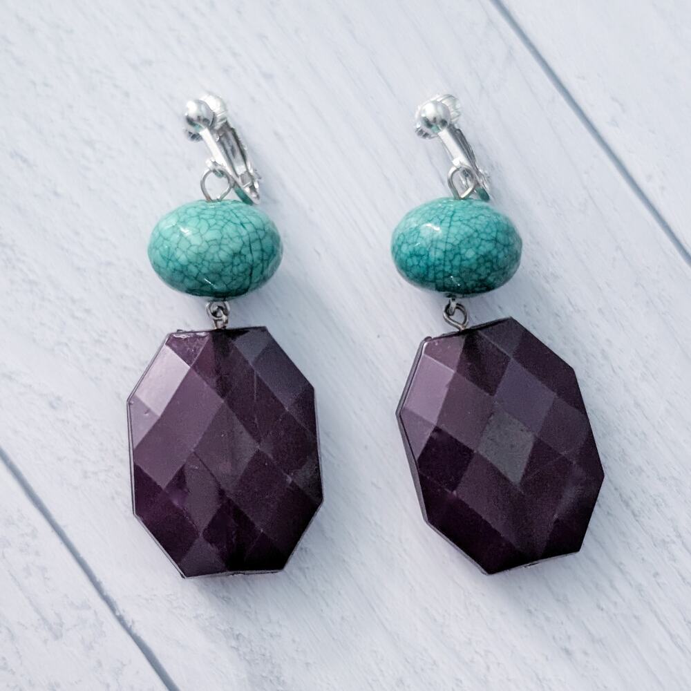 Vintage Clip On Earrings 1.25" Dark Purple & Turquoise Tone Large Chunky Dangle